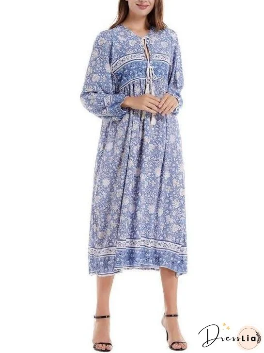 Bohemian Floral Print Neck Tie Maxi Dress