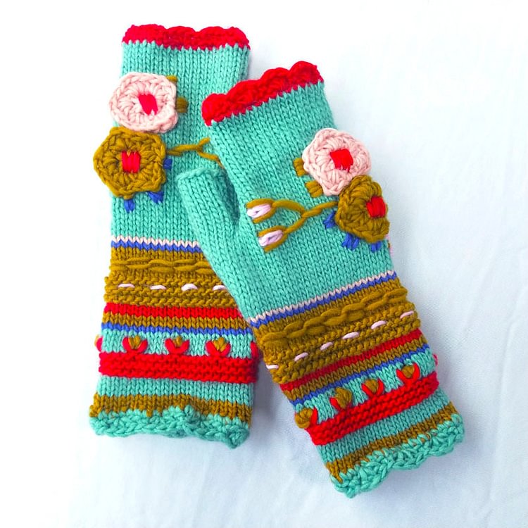 Comstylish Thick Needle Embroidered Warm Knit Gloves