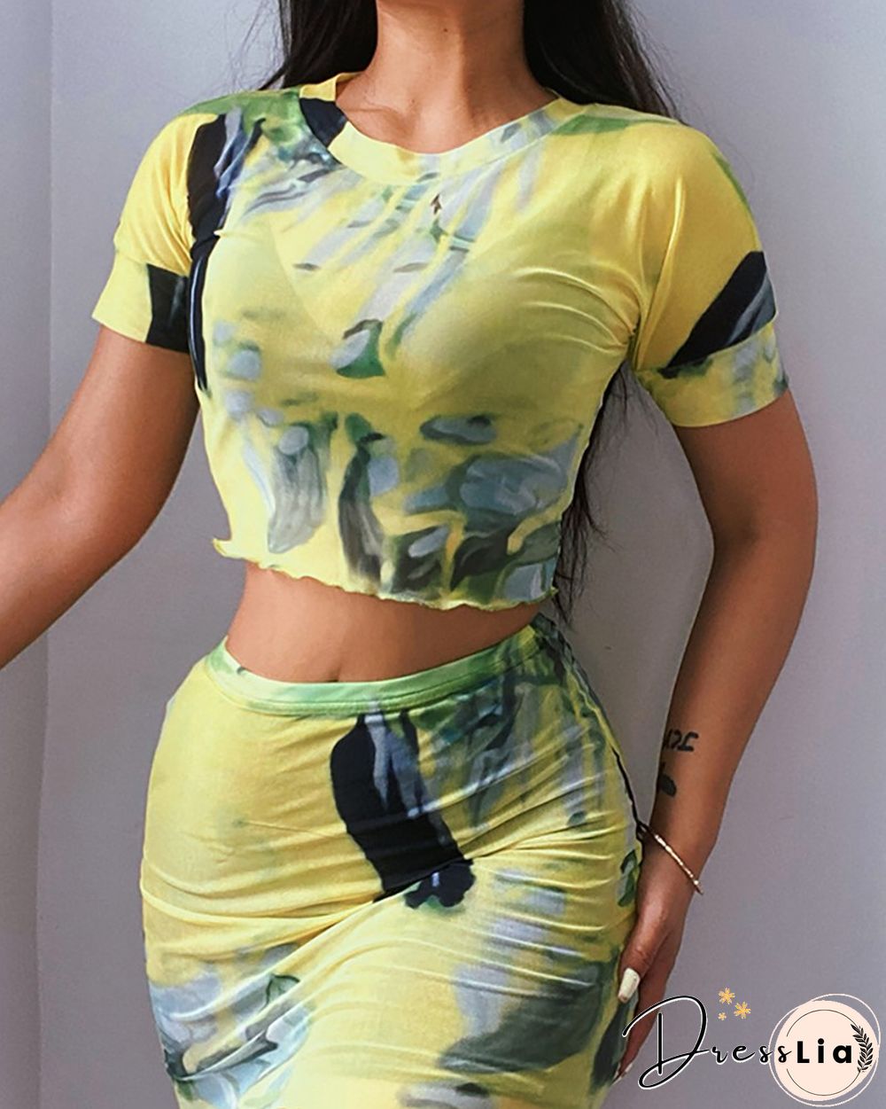 Graphic Print Crop Top & Skirt Sets