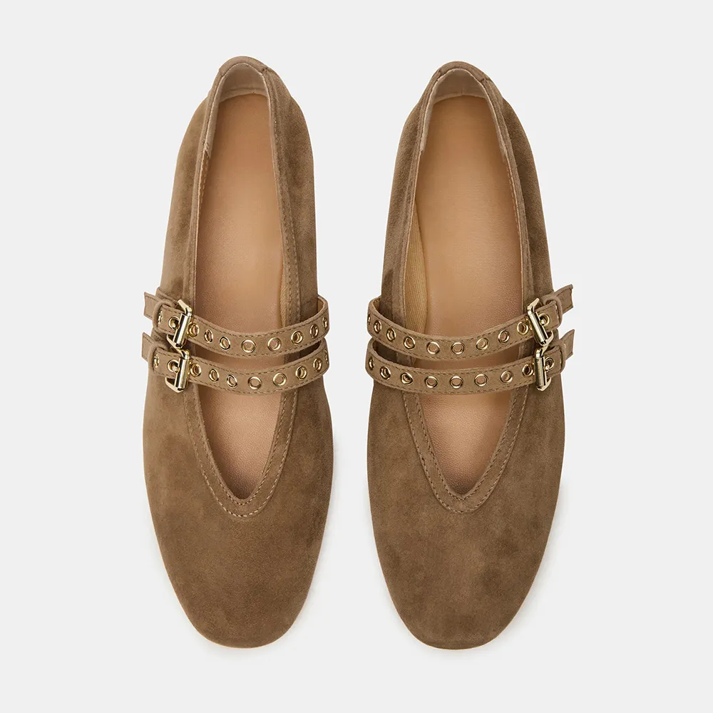 Brown Round Toe Flat Buckle Strap Grommet Ballet Mary Jane Shoes