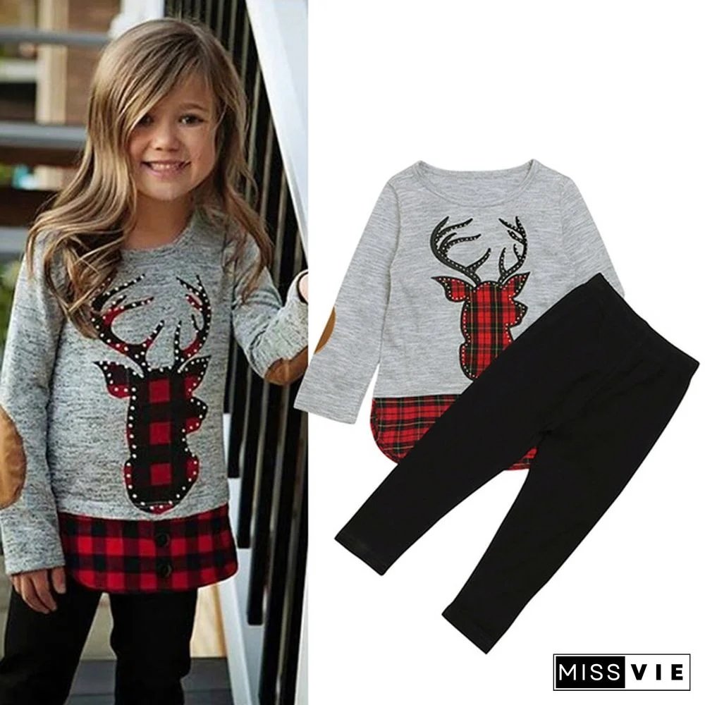 2PCS Set Top + Pants Kids Girls Deer Applique Plaid Shirt and Black Leggings 2PCS Outfits Clothes for 1-6 Years