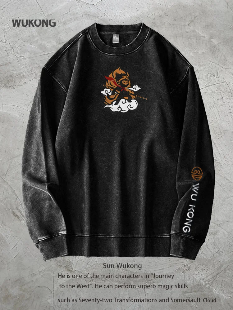 Unisex Vintage Washed  Wukong Printed Pullover Sweatshirt