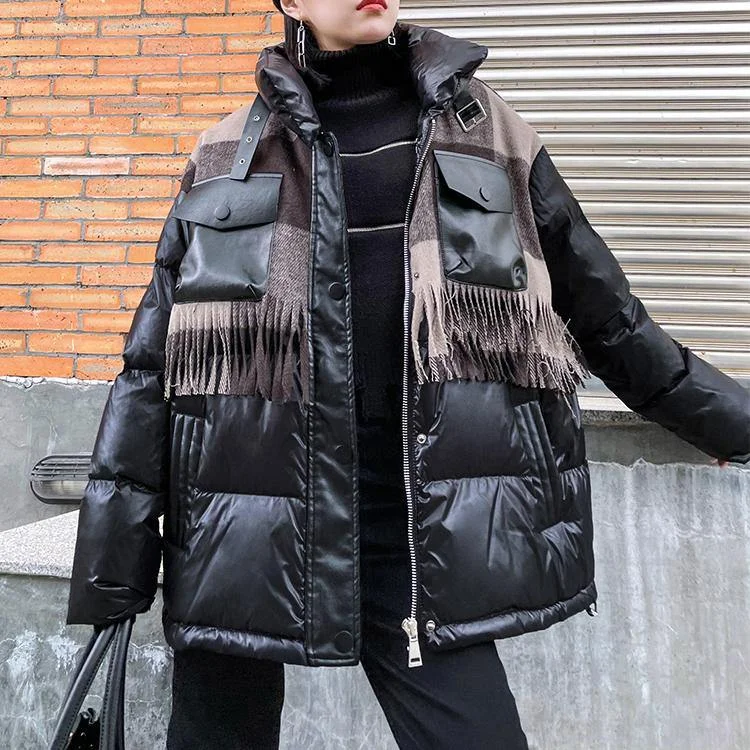 Elegant plus size snow jackets winter coats black patchwork plaid lapel coat