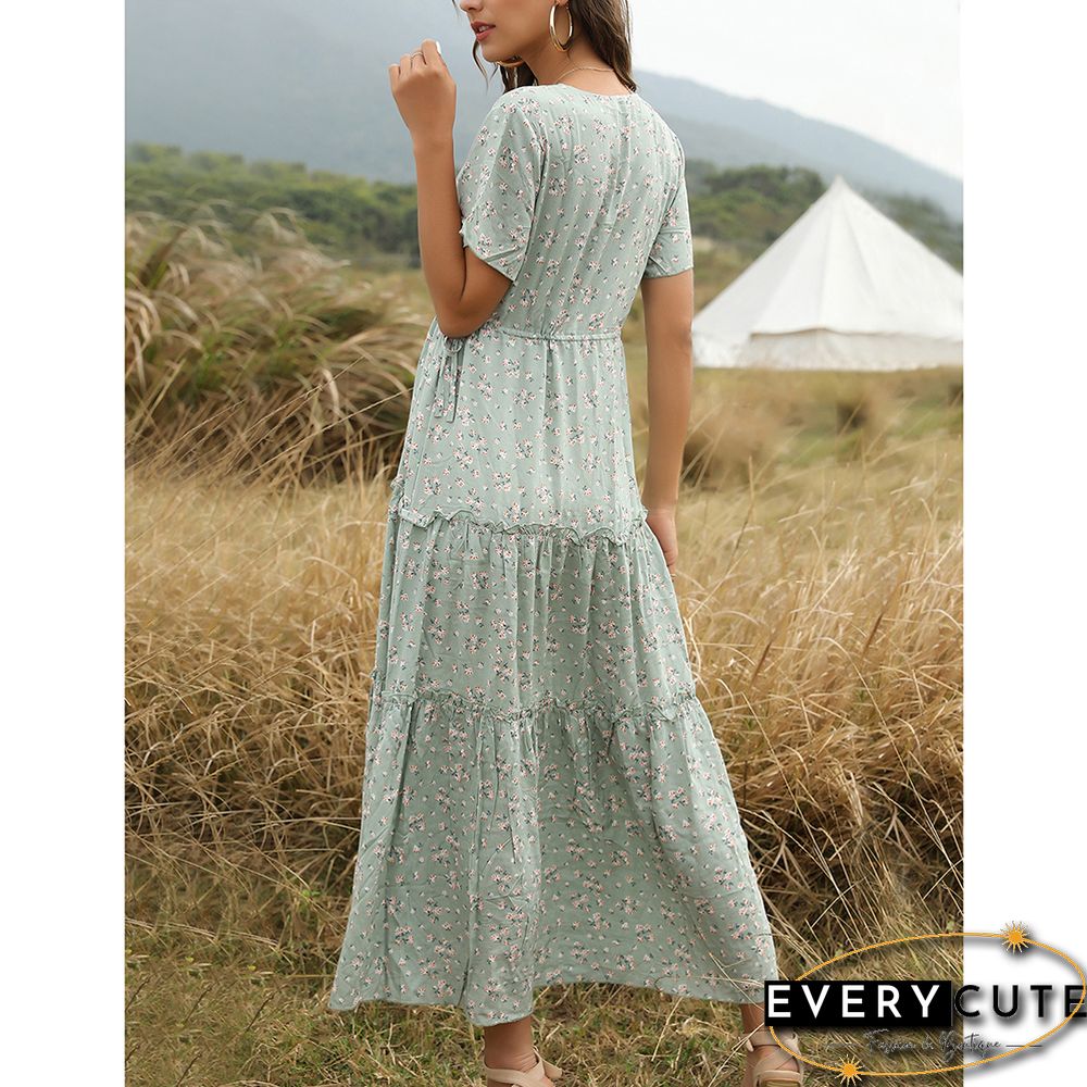Green Tiered Ruffle Detail V Neck Floral Dress