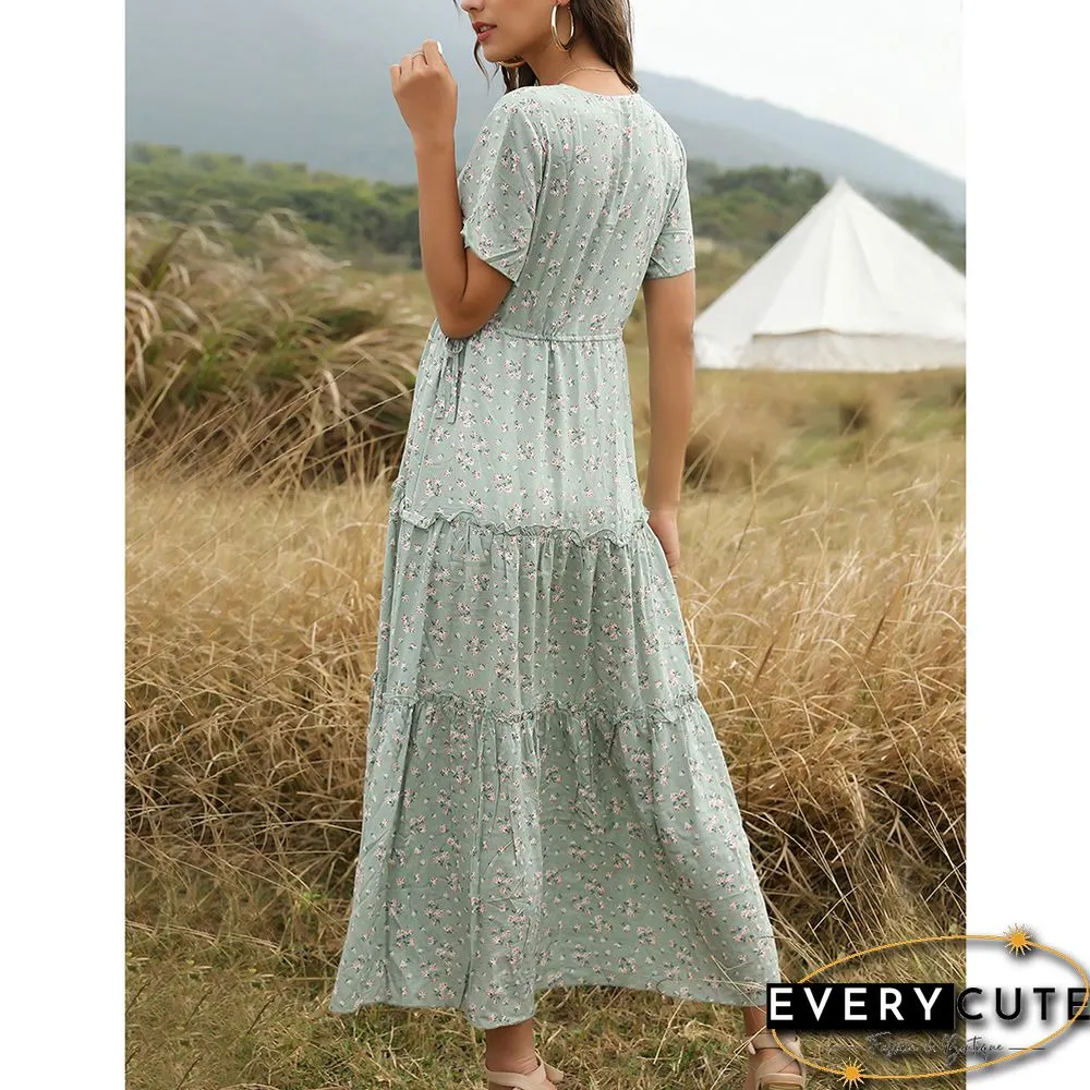 Green Tiered Ruffle Detail V Neck Floral Dress