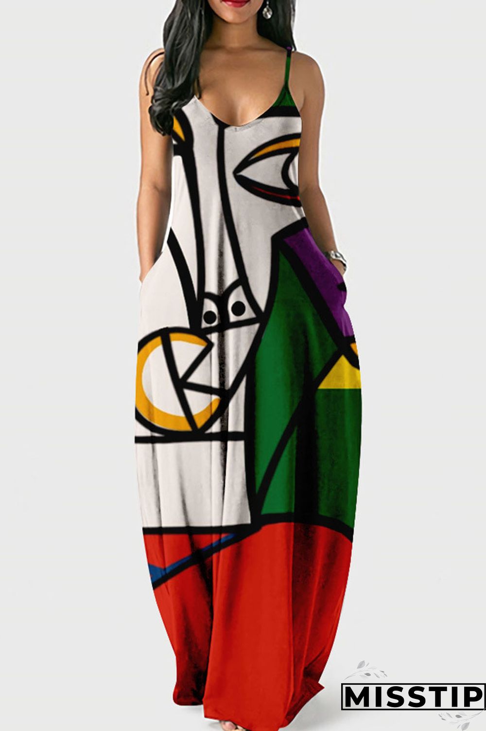 Dark Blue Casual Print Patchwork Spaghetti Strap Sling Dress Dresses