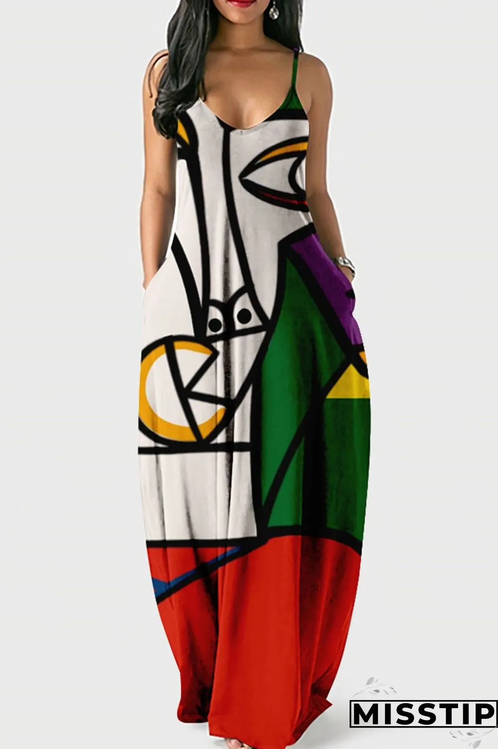Dark Blue Casual Print Patchwork Spaghetti Strap Sling Dress Dresses