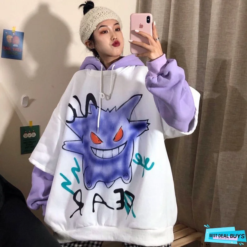 Christmas Gift QWEEK Harajuku Hoodie Women Print Pullover Korean Oversized Sweatshirt Long Sleeve Hoodies Grunge Hoodie Halloween Monster Chic