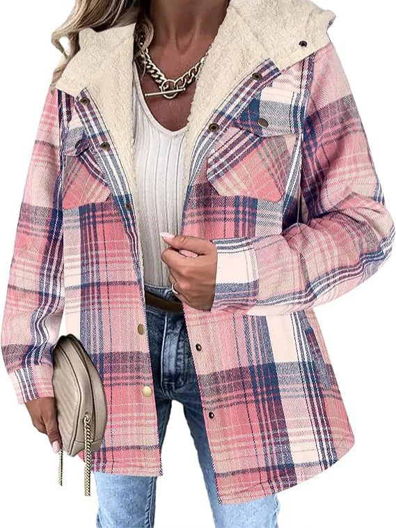 Women's Plaid Coat Casual Fleece Button Down Plaid Jacket with Hoode