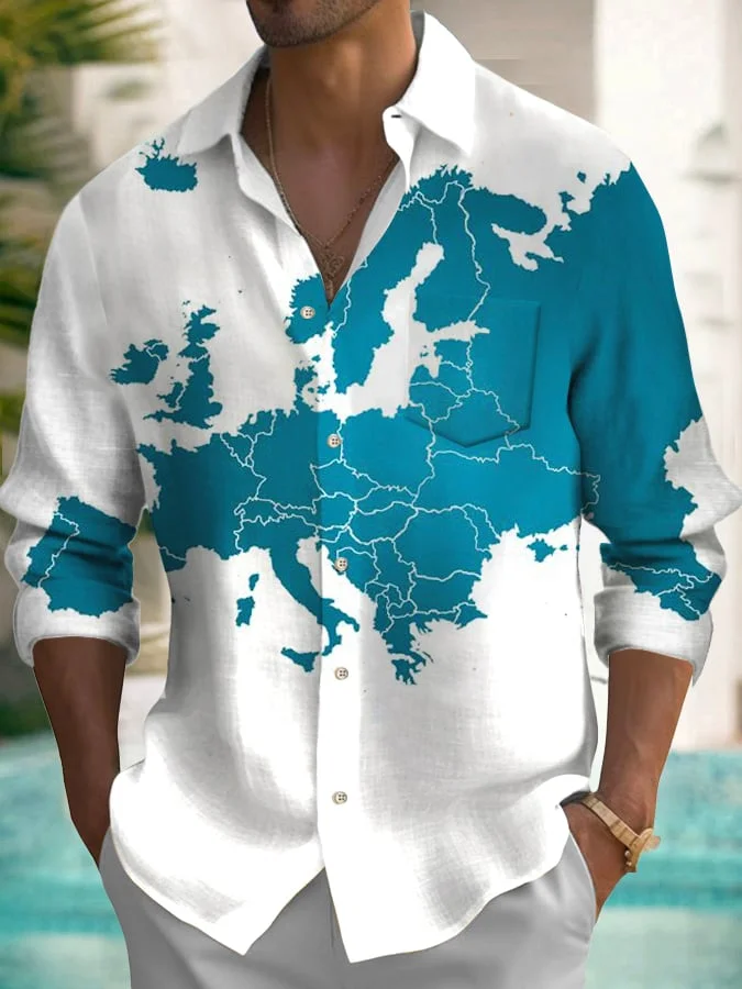 Woven Men's European and American Map Long Sleeve Pocket Shirt