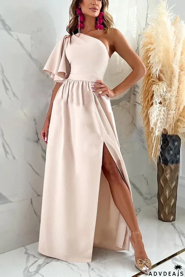 A Point In Time One Shoulder Ruffle Slit Maxi Dress