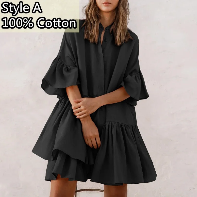 Party Dress Celmia Autumn Bohemian Ruffled Sundress 2021 Women Mini Dress Sexy Half Sleeve Buttons Casual Solid Vestidos Robe