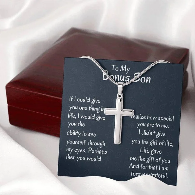 Personalized 1 Text To My Bonus Son Cross Necklace-S925 Sterling Sivler Necklace with Gift Card Gift Box Set