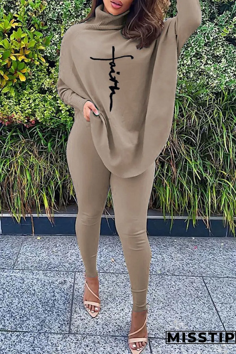 Coffee Casual Print Patchwork Asymmetrical Turtleneck Long Sleeve Two Pieces