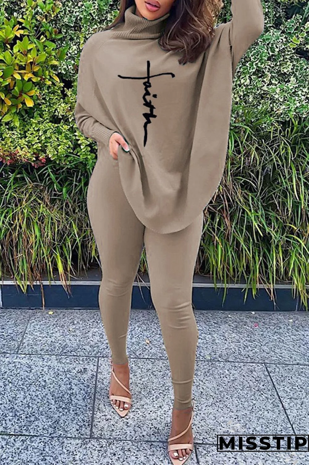 Coffee Casual Print Patchwork Asymmetrical Turtleneck Long Sleeve Two Pieces