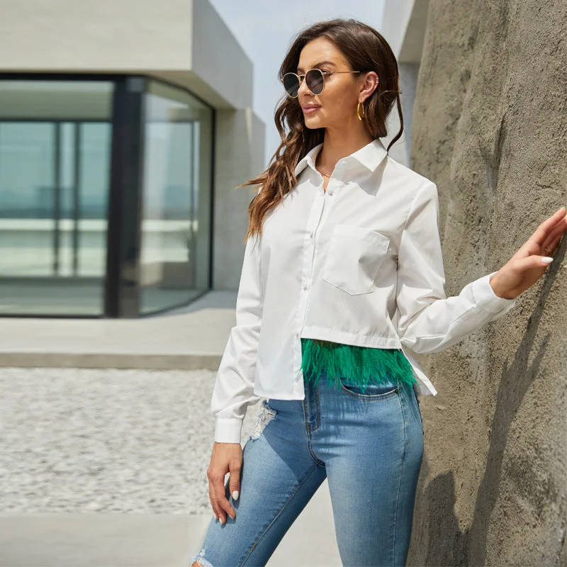 Back to school  Casual Long Sleeve Feather Patchwork White Shirt Women Spring Button Up Lapel Chic Blouse Streetwear Simple Crop Top Oversized