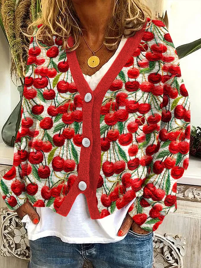 Women's Cherry Print V-Neck Knitted Cardigan