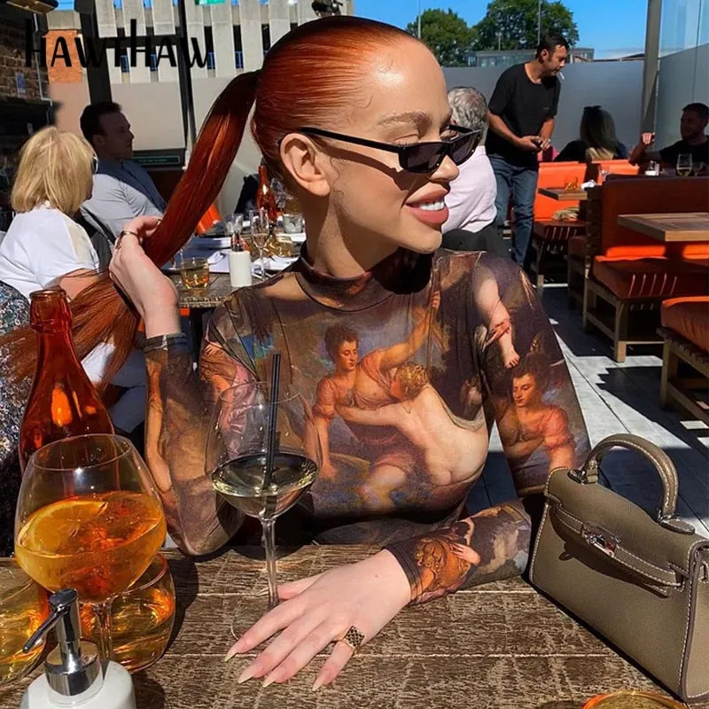 Hawthaw Women Autumn Fashion Long Sleeve Painting Printed Skinny Slim O Neck Bodysuit Romper Playsuit 2020 Fall Clothes
