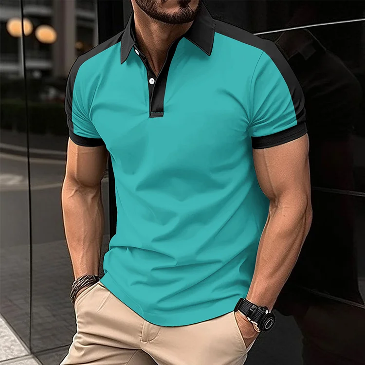Men's Short Sleeve Buttons Contrast Trim Casual Polo Shirt