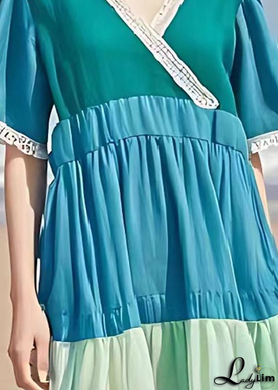 Casual Blue V Neck Patchwork Wrinkled Linen Dress Summer