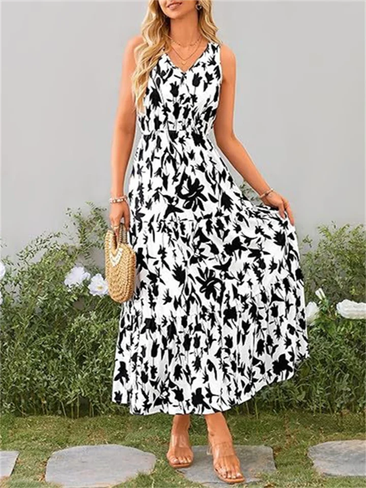 Women's V-neck Elastic Waist Printed Casual Sleeveless Dresses Botanical Flowers Long Dresses-JRSEE