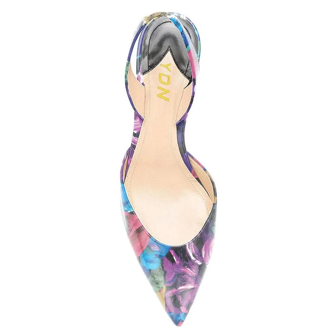 Pointed Toe Enchanting Floral Printed Kitten Heel Slingback Pumps