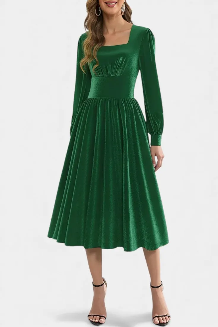Square Neck Velvet Midi Dress with Puffed Sleeves