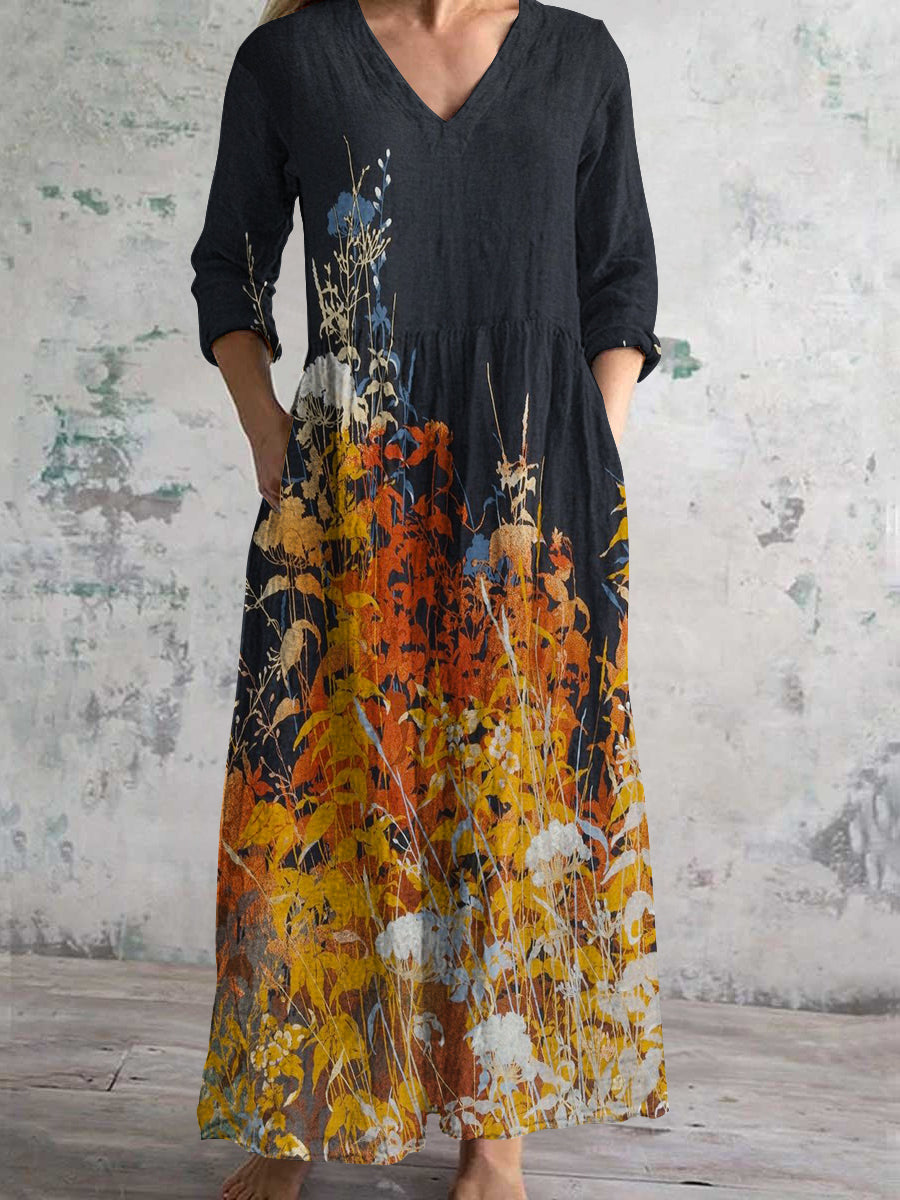 Women's V-Neck Botanical Floral Art Print Cotton And Linen Pocket Dress