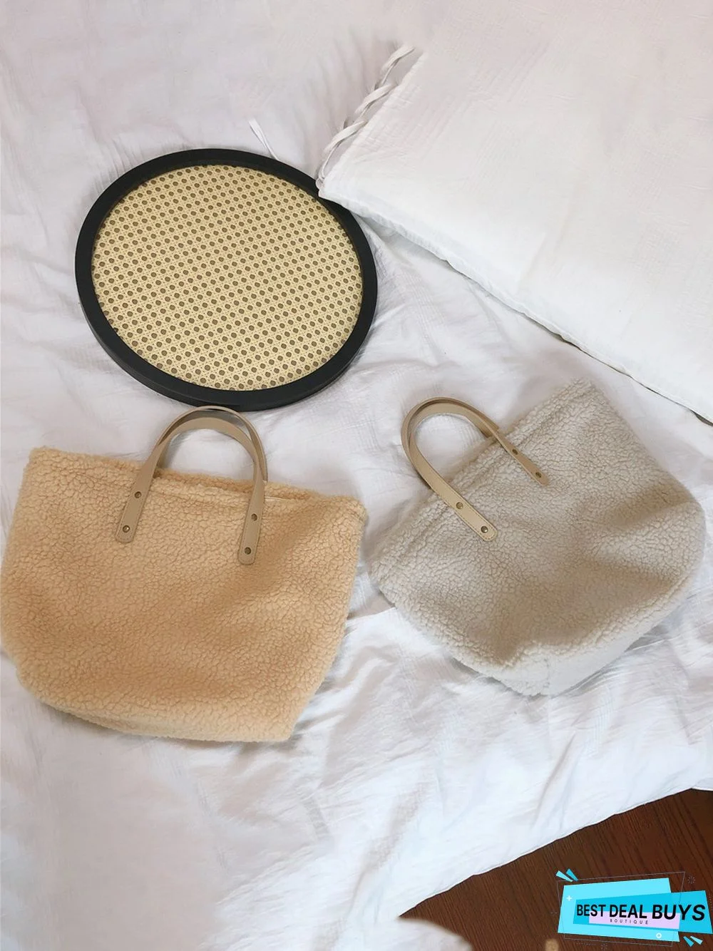 Pure Color Lambswool Large Capacity Handbag