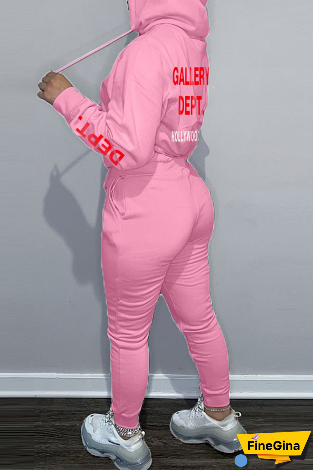 Brown Street Vintage Print Draw String Letter Hooded Collar Long Sleeve Two Pieces