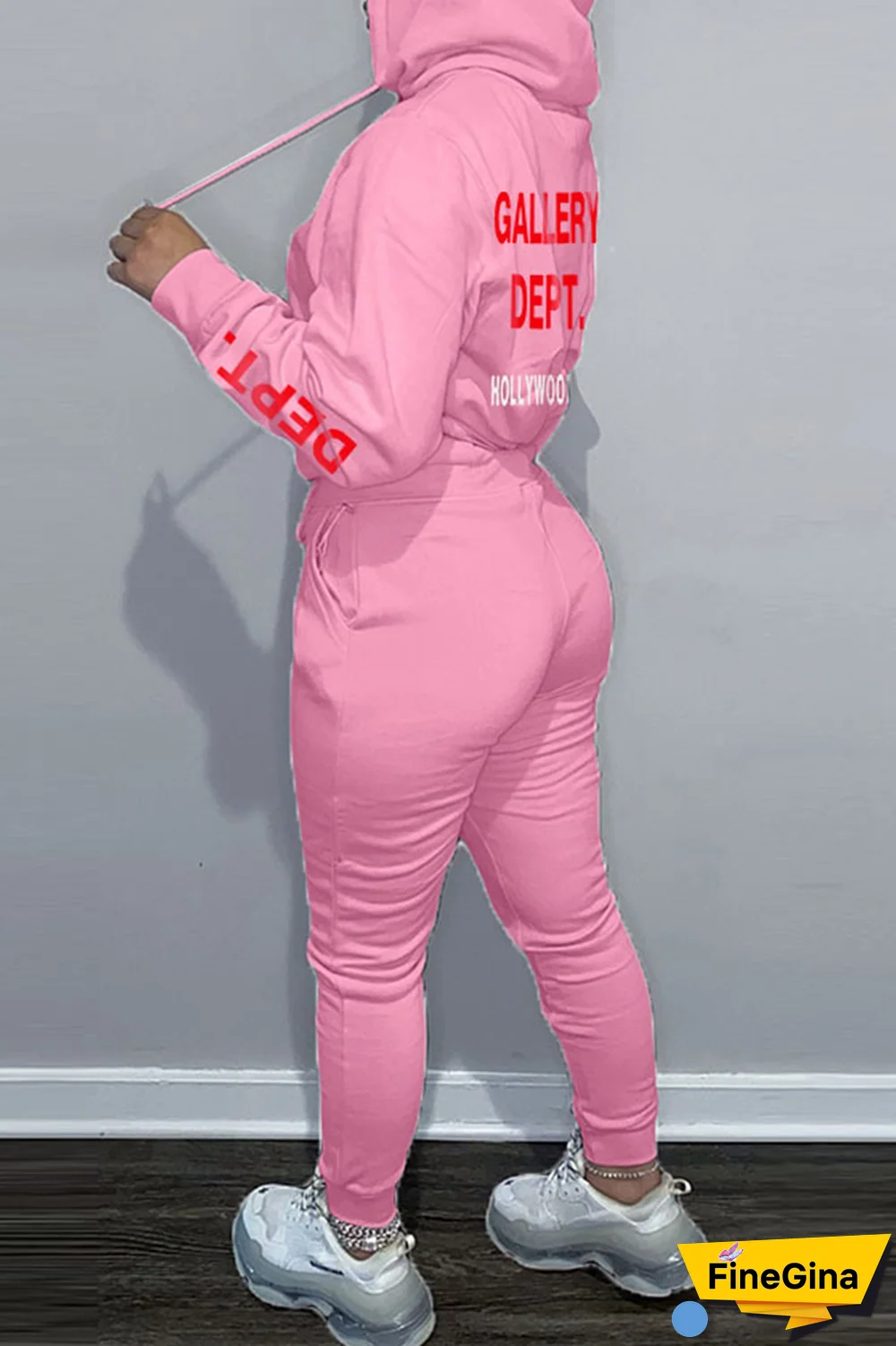 Brown Street Vintage Print Draw String Letter Hooded Collar Long Sleeve Two Pieces