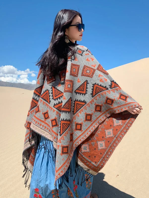 Casual Loose Print Patchwork Shawl&Cloak