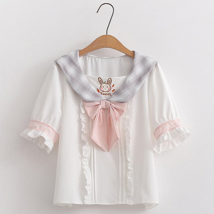 Cartoon Bunny Embroidery Bow Doll Collar T-Shirt - Modakawa modakawa