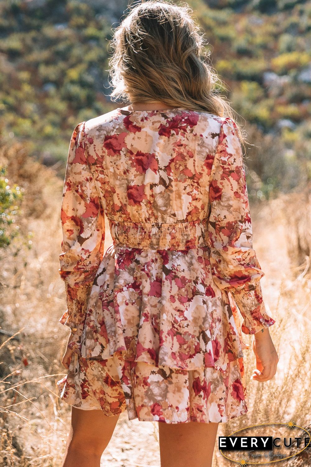 Pink Floral Print V Neck Wrap Tiered Dress