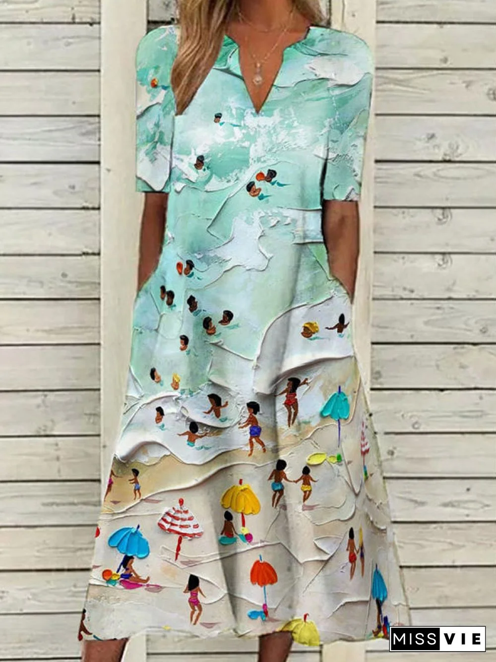 New Summer Beach Retro Print Loose Midi Dress Casual V-Neck Short Sleeve Pocket Dress Women Office Elegant Commuter A Line Dress