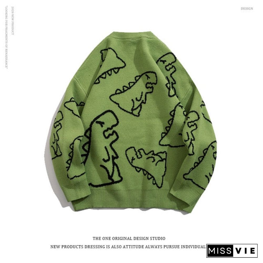 Sweater Men Harajuku Fashion Knitted Hip Hop Streetwear Dinosaur Cartoon Pullover O-neck Oversize Casual Couple Male Sweaters