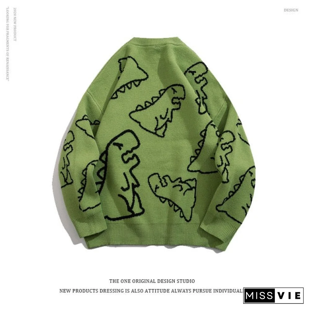 Sweater Men Harajuku Fashion Knitted Hip Hop Streetwear Dinosaur Cartoon Pullover O-neck Oversize Casual Couple Male Sweaters