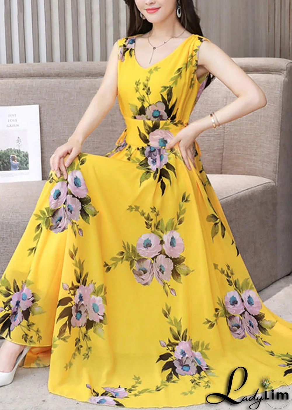 Fitted Yellow V Neck Print Chiffon Long Dress Summer