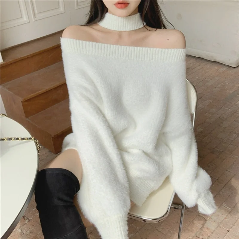 Korean Knitted Loose Soft Warm Off-shoulder White Sweater SP16801