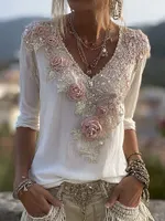 Boho Pink Floral Lace V Neck Comfy Linen Tunic