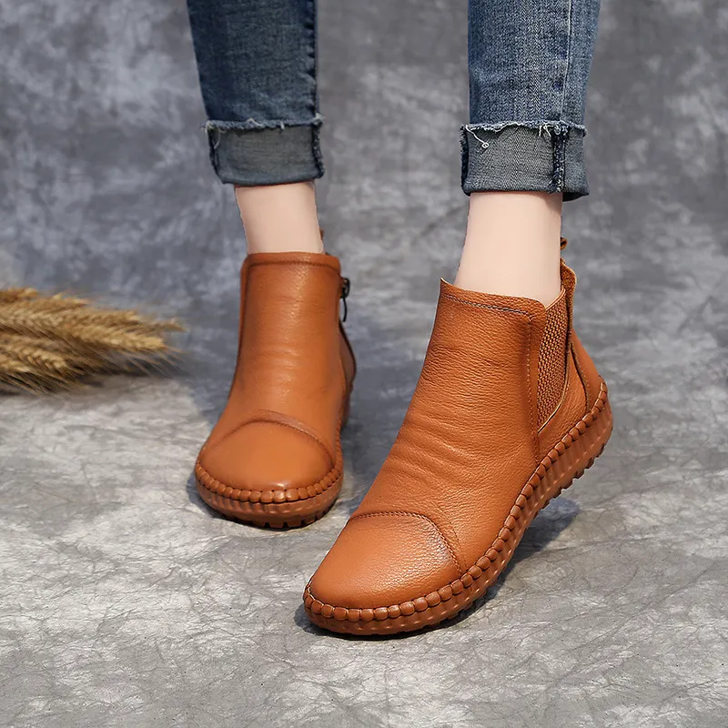 Yyvonne And Winter New Women's Shoes Winter Plus Velvet Leather Women's Boots Handmade Short Boots Women Flat Bottom Leisure Soft Bottom Boots