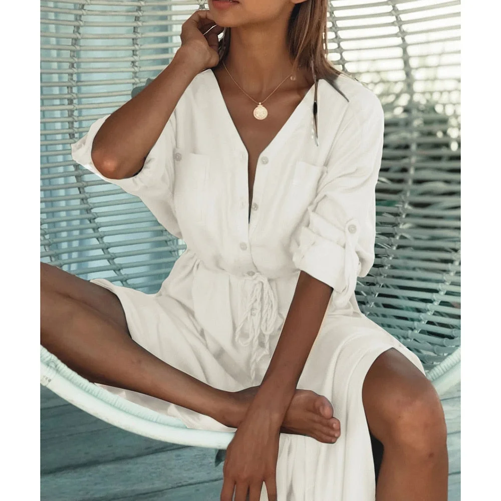 Bikini Cover-Ups Elegant Hollow Out Deep V-neck Summer Beach Dress White Cotton Tunic Women Beach Wear Swim Suit Cover Up