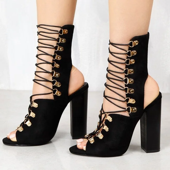 Black Summer Boots Lace up Vegan Suede Open Toe Slingback heels |FSJ Shoes