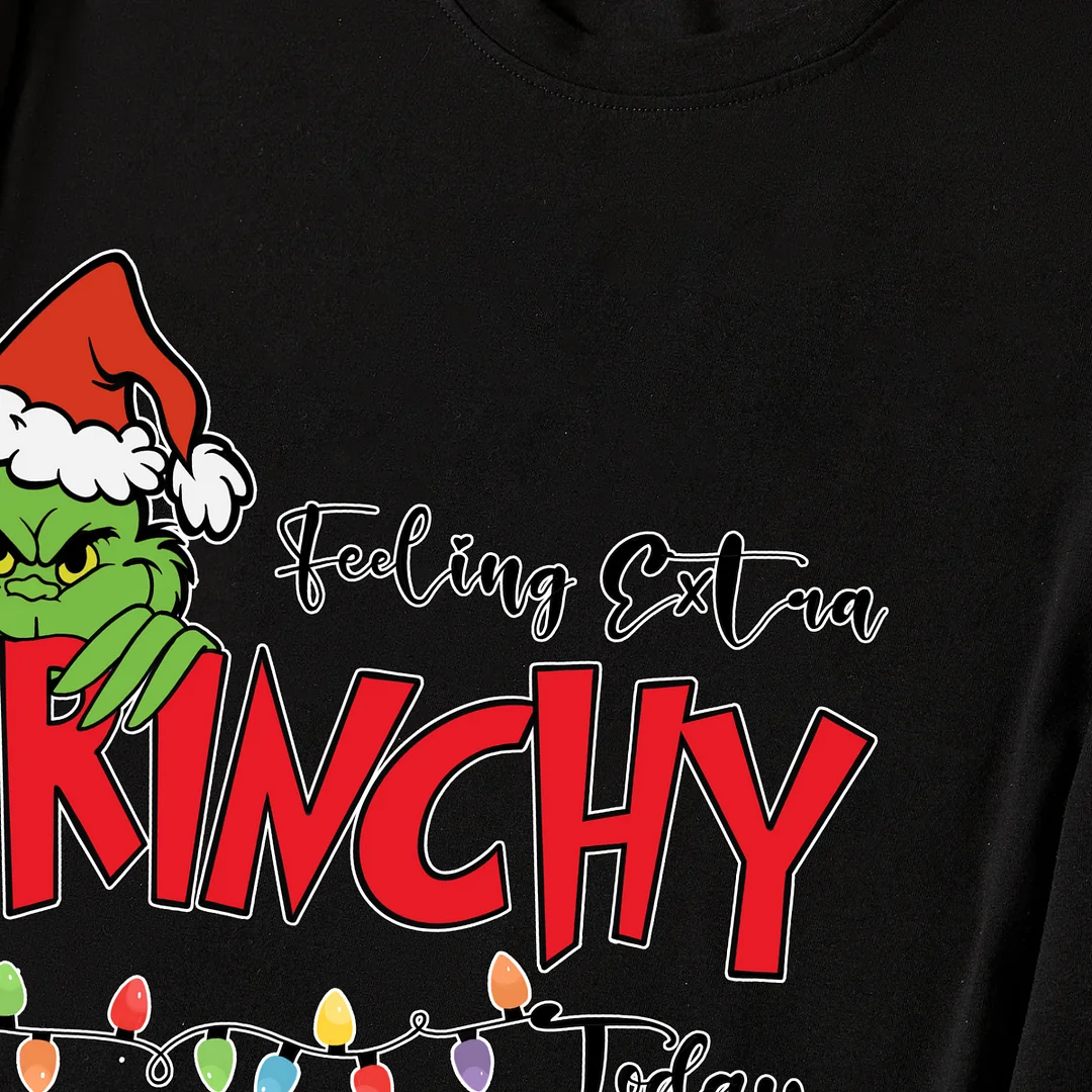 Christmas Cartoon Pattern and Light Print Black Long Sleeve Top with Green and Black Plaid Family Matching Pajamas