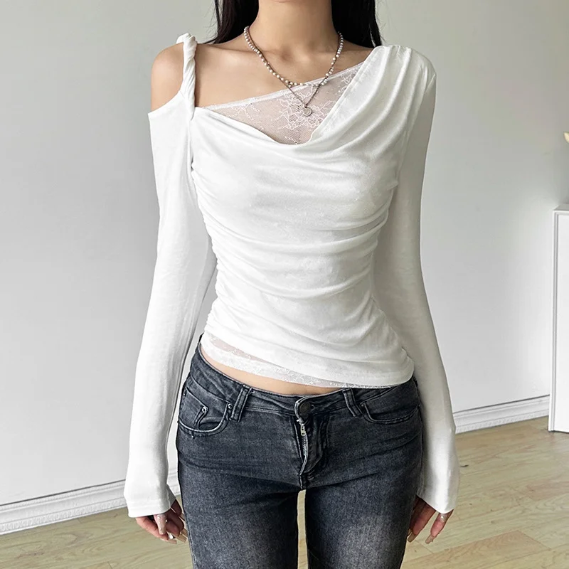 Uveng 2024 Autumn New Women's Clothing Shoulder-Slanted Collar Hollow Perspective Folding Body To Close The Waist On The Umbilical