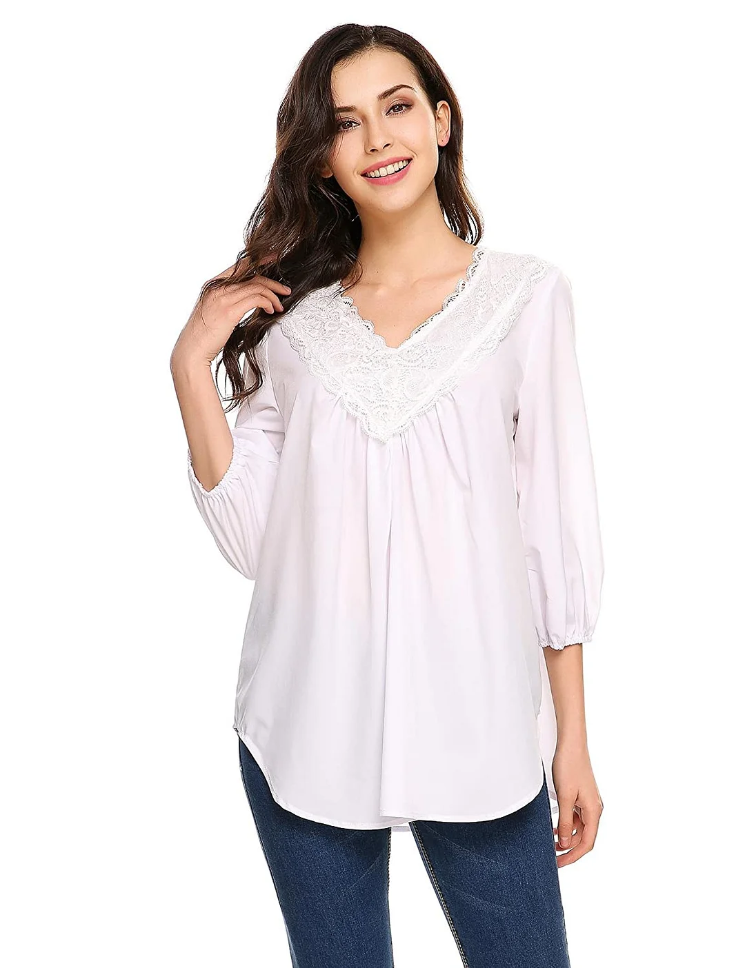 Womens V Neck Shirts Lace Splicing Tops 3/4 Sleeve Tunic Loose Chiffon Blouses