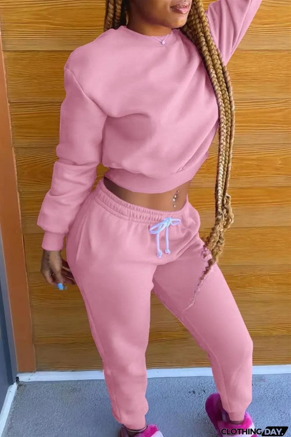 Pink Fashion Casual Letter Print Basic O Neck Long Sleeve Two Pieces