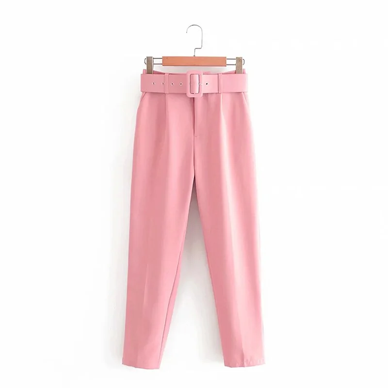 Za Women's With Belt Pant Pink High Waist Harem Pant Female Solid Office Ladies Trousers Purple Pockets Casual Streetwear Summer