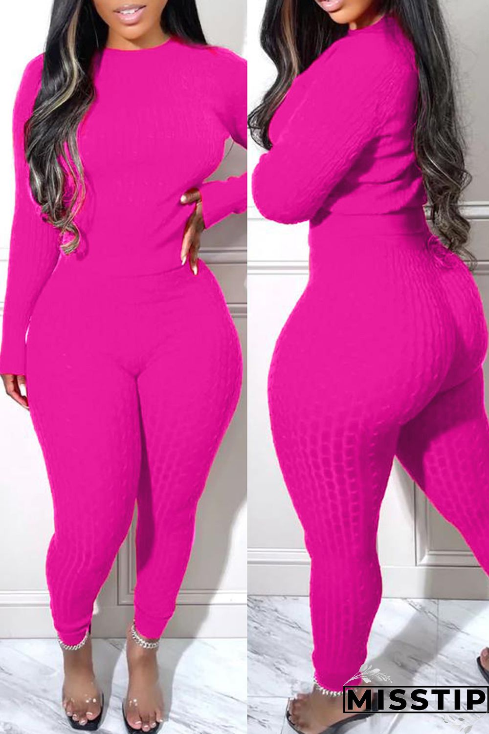 Rose Red Fashion Casual Solid Patchwork O Neck Long Sleeve Two Pieces