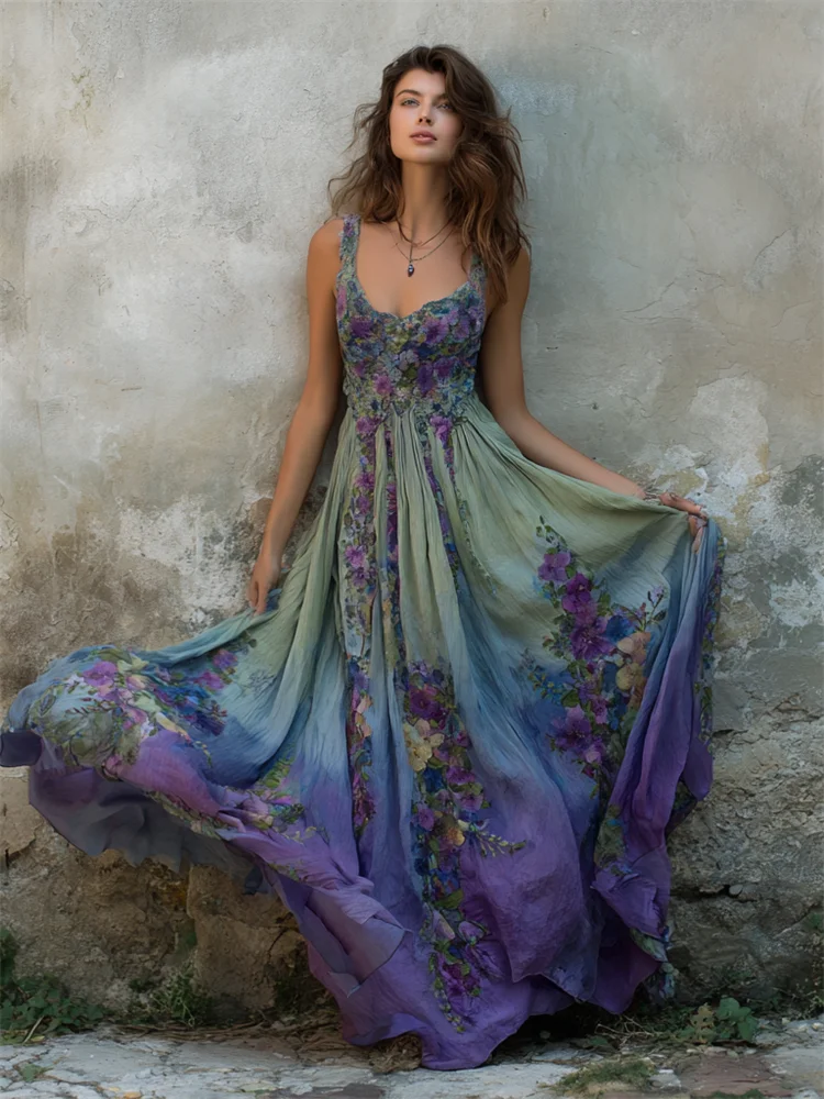 Vintage Floral Embroidered Purple Gradient Flowy Linen Maxi Dress
